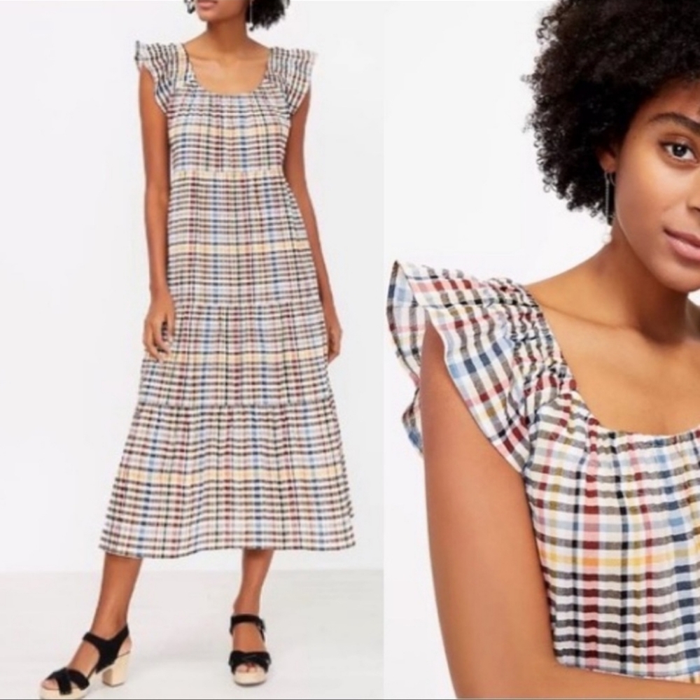 Loft Plaid Tiered Flutter Sleeve Midi Dress Whisper White Small T4